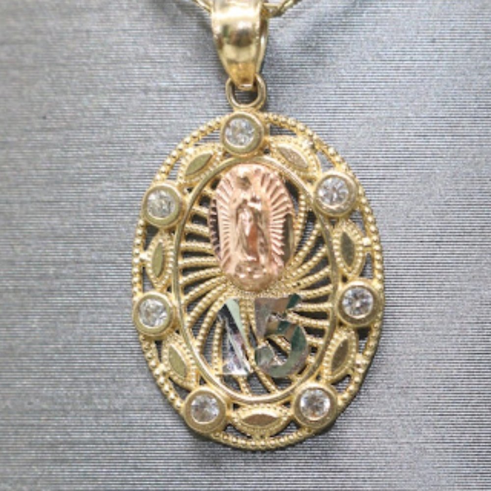 14kt Tri-tone White Sapphire Virgin Mary 15 Pendant with 14kt Tri-tone Hollow Tr